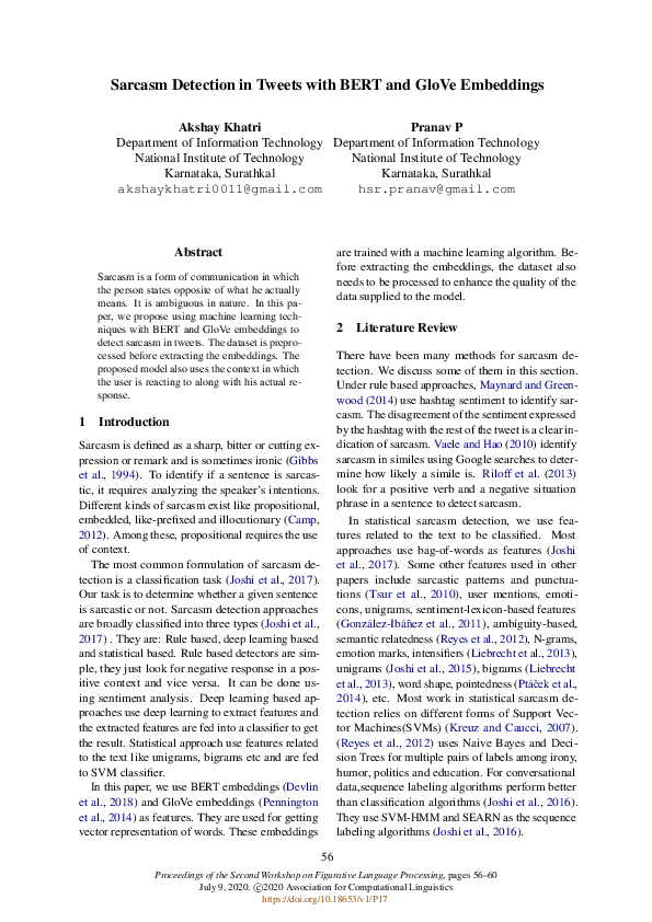 (PDF) Sarcasm Detection in Tweets with BERT and GloVe Embeddings