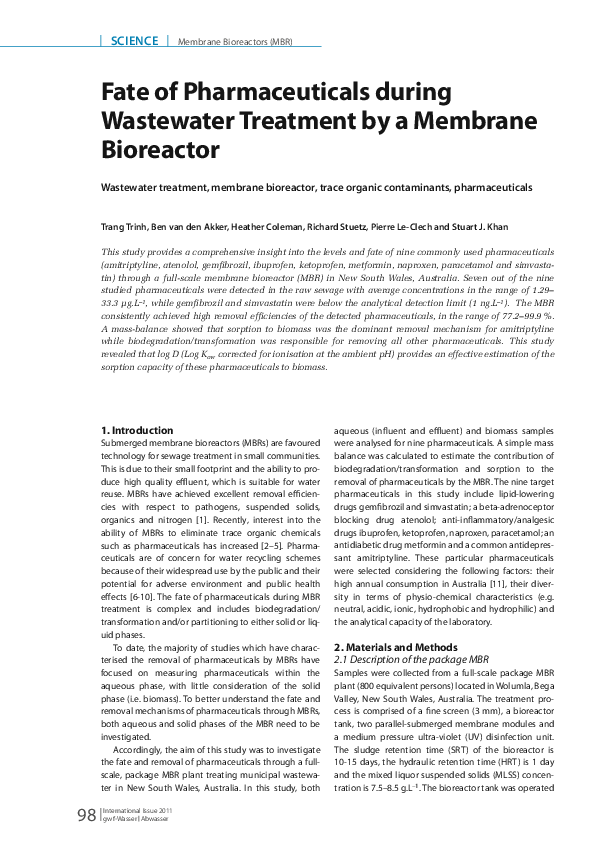 (PDF) a Fate of pharmaceuticals during wastewater treatment by a ...