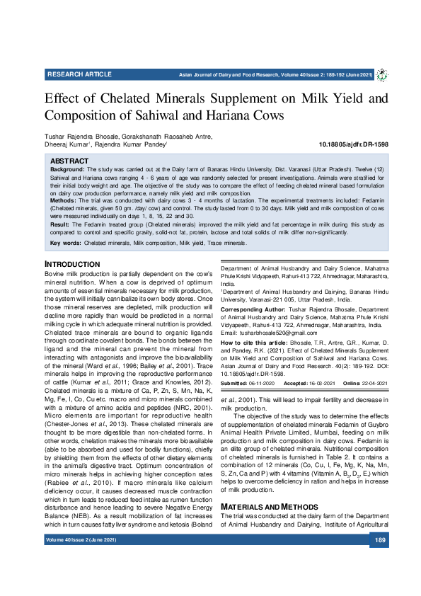 (PDF) Effect of Chelated Minerals Supplement on Milk Yield and ...