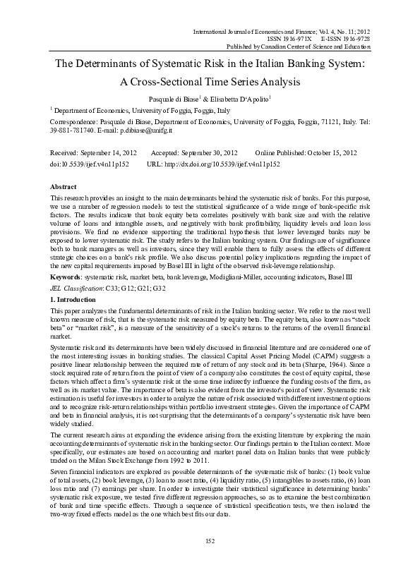 (PDF) The Determinants of Systematic Risk in the Italian Banking System ...