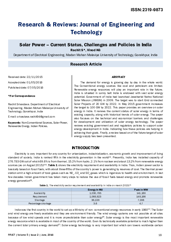 (PDF) Solar Power Current Status, Challenges and Policies in India