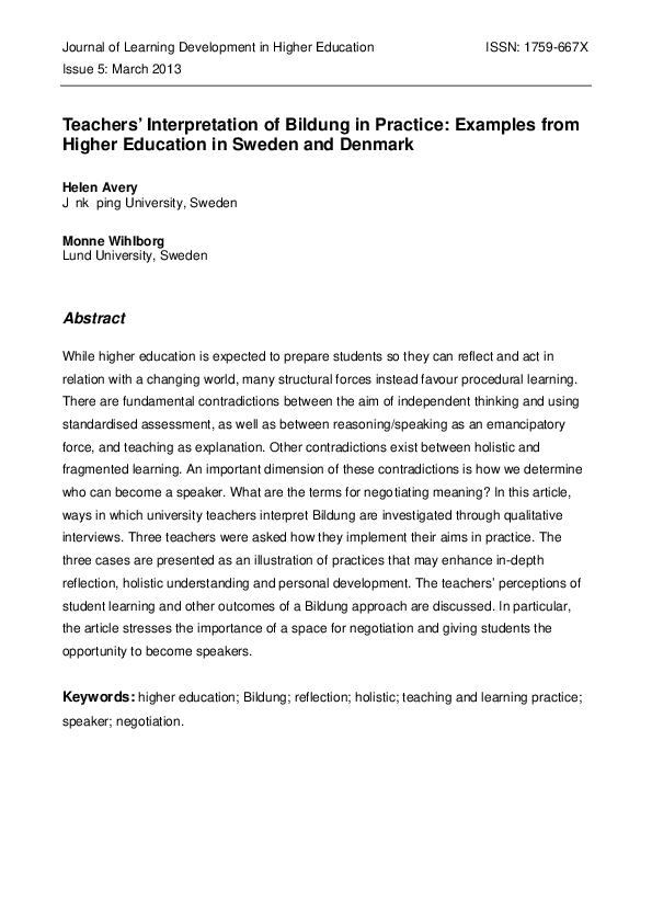 (PDF) Teachers’ interpretation of Bildung in practice : Examples from ...