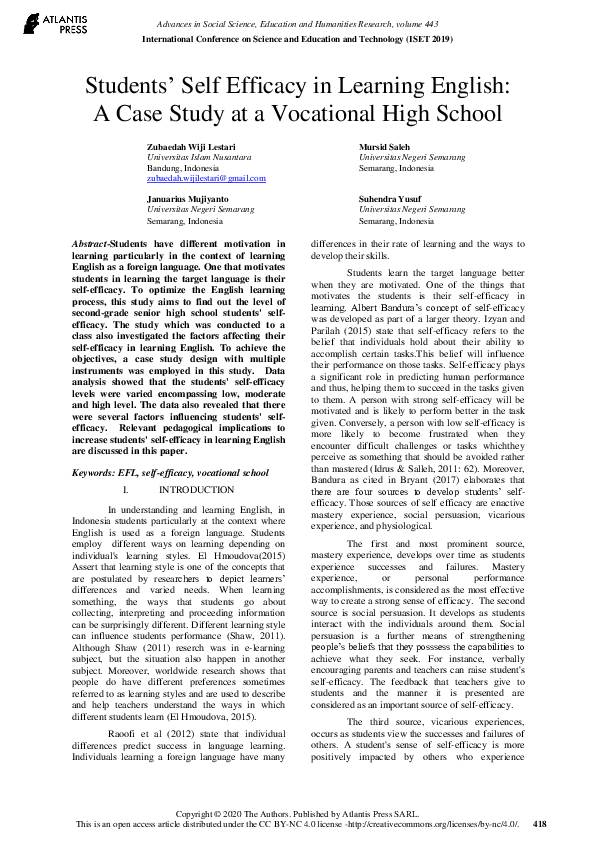 (PDF) Students’ Self Efficacy in Learning English: A Case Study at a ...
