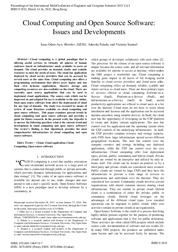 (PDF) Cloud Computing and Open Source Software:Issues and Developments