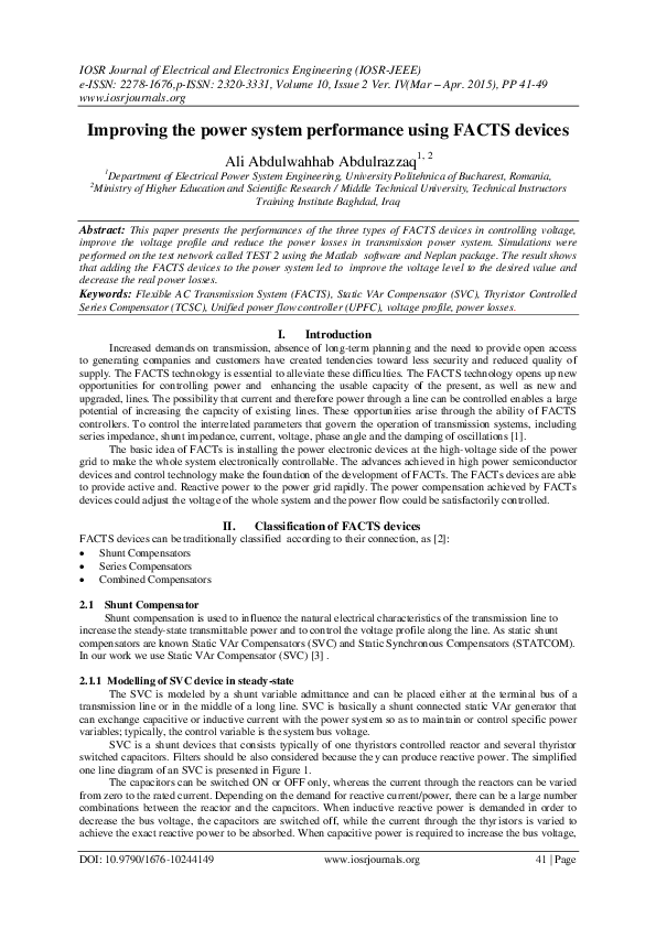 (PDF) Improving the power system performance using FACTS devices Ali