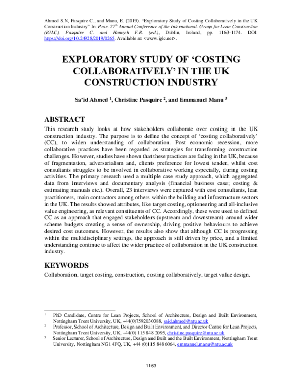 (PDF) Exploratory Study of ‘Costing Collaboratively’ in the Uk ...