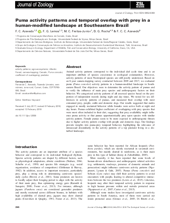 (PDF) Puma activity patterns and temporal overlap with prey in a human ...