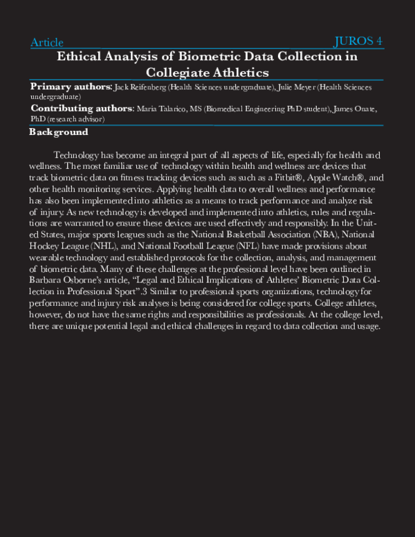 (PDF) Ethical analysis of biometric data collection in collegiate athletics