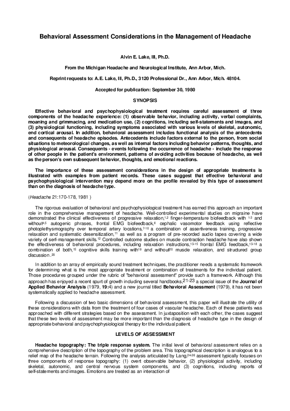 (PDF) Behavioral Assessment Considerations in the Management of Headache