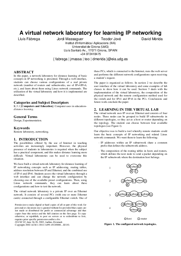 (PDF) A virtual network laboratory for learning IP networking T. Jové