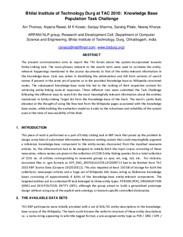(PDF) Bhilai Institute of Technology Durg at TAC 2010: Knowledge Base ...