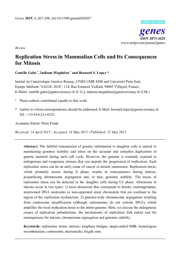 (PDF) Replication Stress in Mammalian Cells and Its Consequences for ...