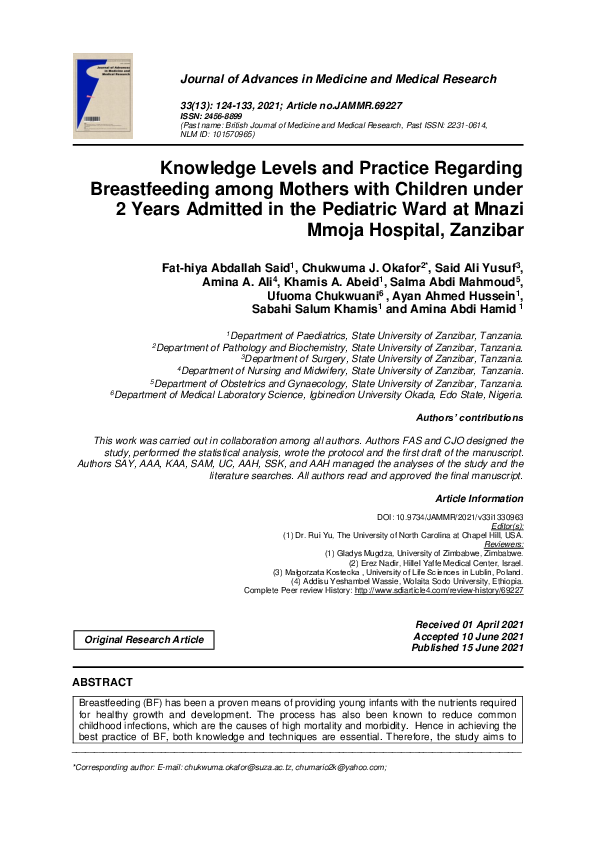 (PDF) Knowledge Levels and Practice Regarding Breastfeeding among ...
