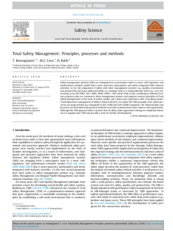 (PDF) Total Safety Management Principles, processes and methods