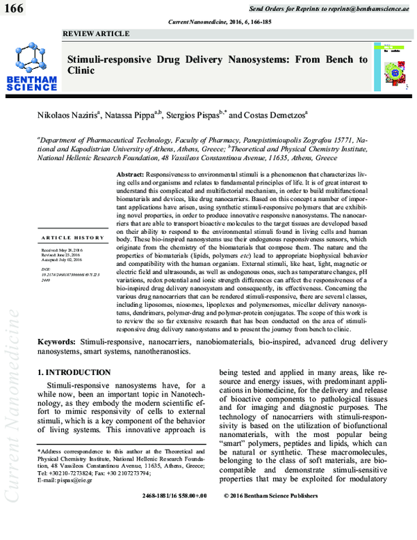 (PDF) Stimuli-responsive Drug Delivery Nanosystems: From Bench to Clinic