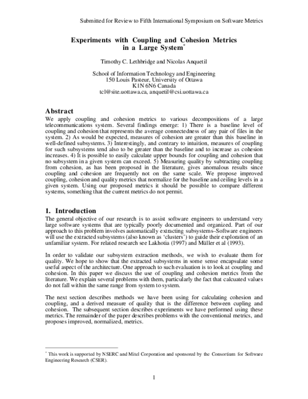 (PDF) Experiments with Coupling and Cohesion Metrics in a Large System