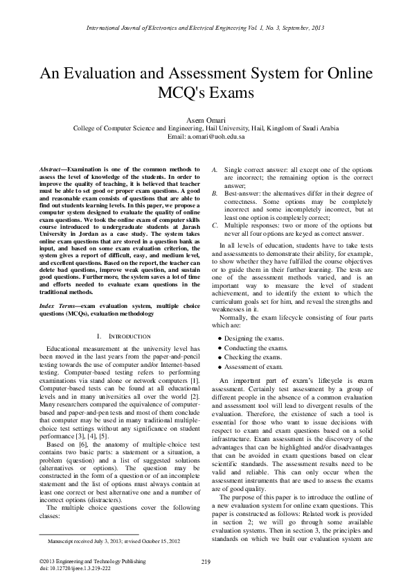 (PDF) An Evaluation and Assessment System for Online MCQ's Exams