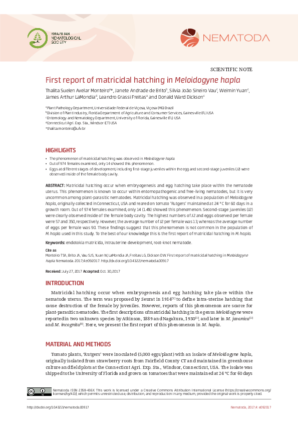 (PDF) First report of matricidal hatching in Meloidogyne hapla