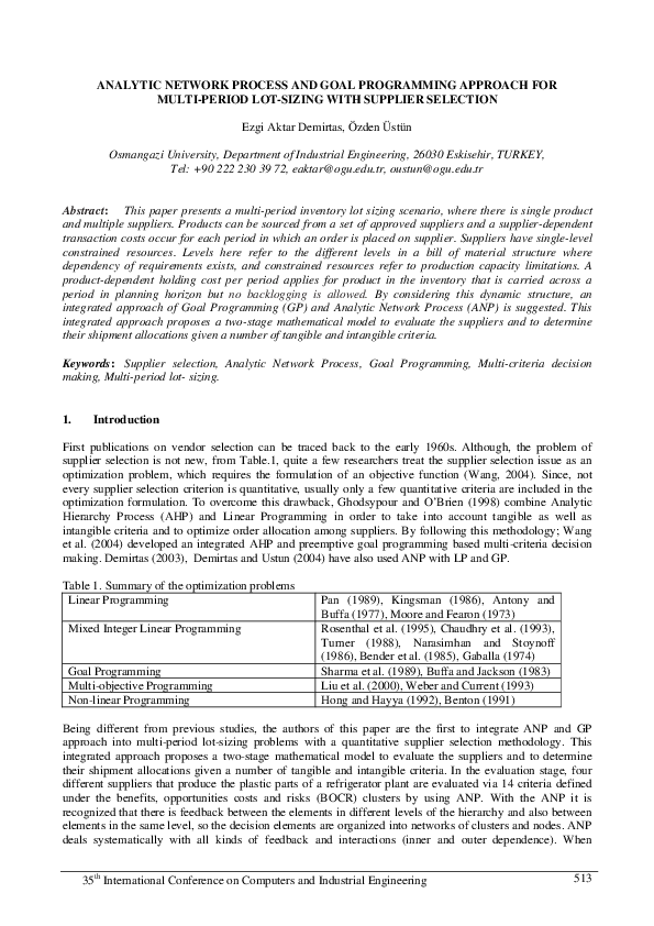 (PDF) Analytic Network Process and Goal Programming Approach for Multi ...