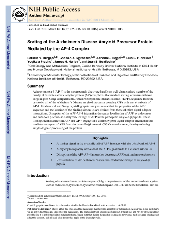 (PDF) Sorting of the Alzheimer's disease amyloid precursor protein ...