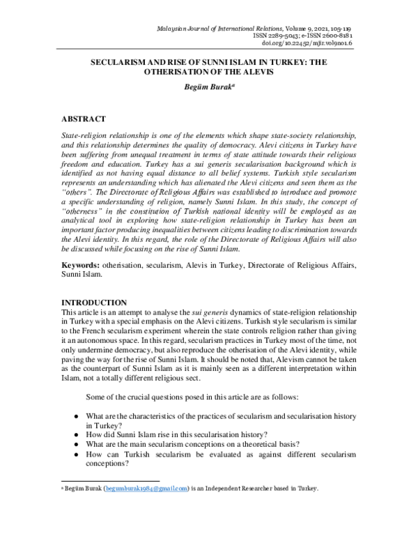 (PDF) SECULARISM AND RISE OF SUNNI ISLAM IN TURKEY: THE OTHERISATION OF ...