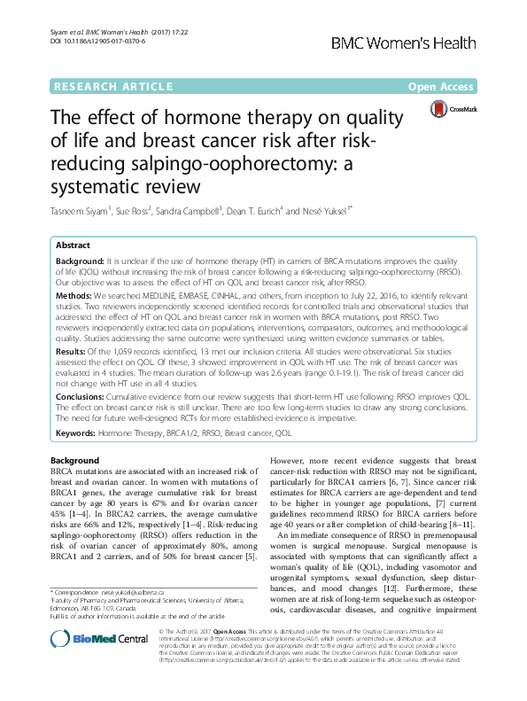 (PDF) The effect of hormone therapy on quality of life and breast ...