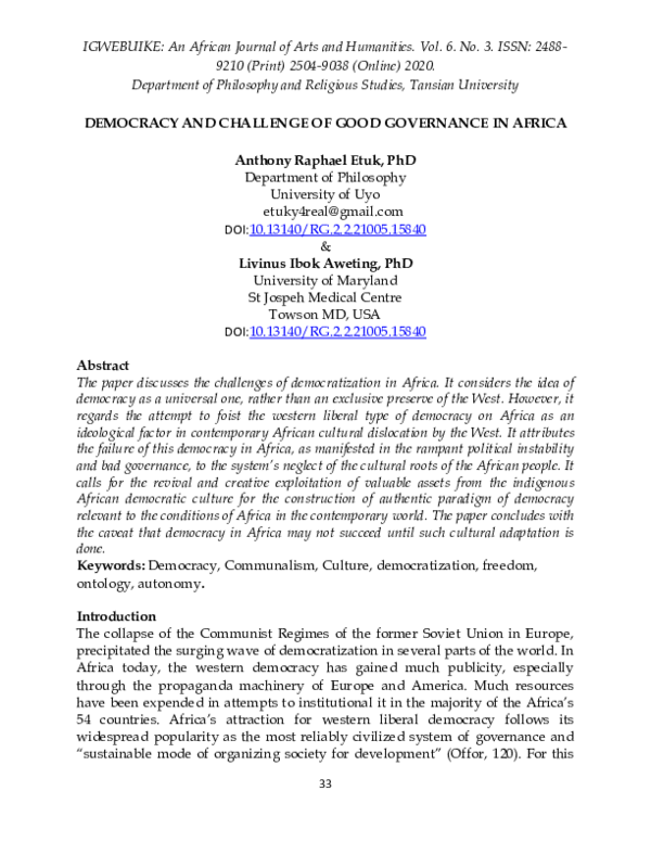 (PDF) Democracy and Challenge of Good Governance in Africa