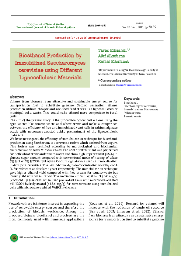 (PDF) Bioethanol Production by Immobilized Saccharomyces cerevisiae ...