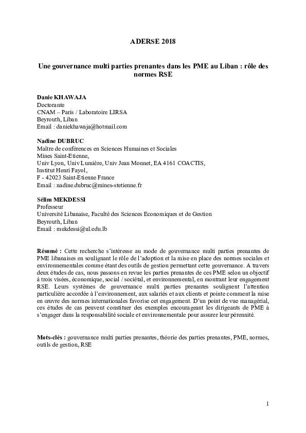 (PDF) Une gouvernance multi parties prenantes dans les PME au Liban ...