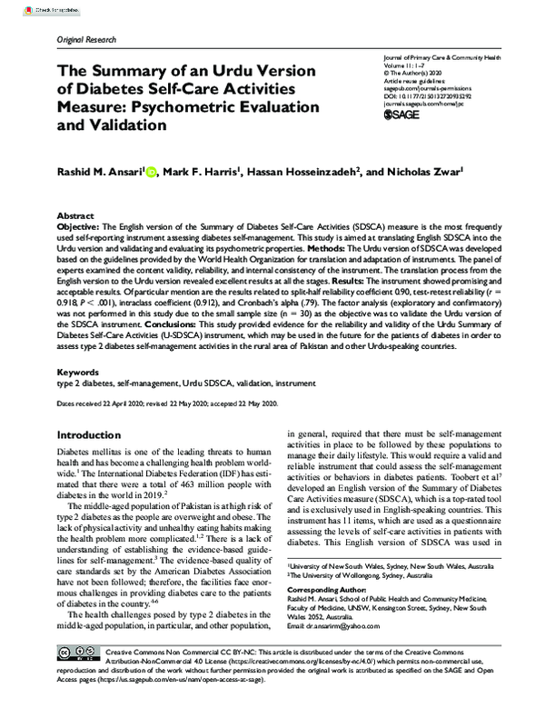 (PDF) The Summary of an Urdu Version of Diabetes Self-Care Activities ...