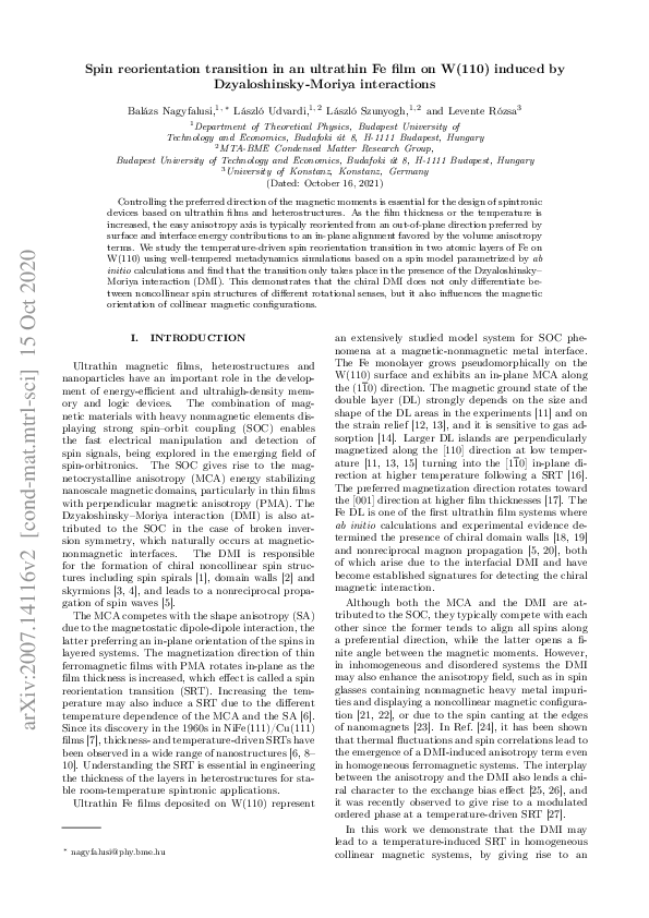 (PDF) Spin reorientation transition in an ultrathin Fe film on W(110 ...