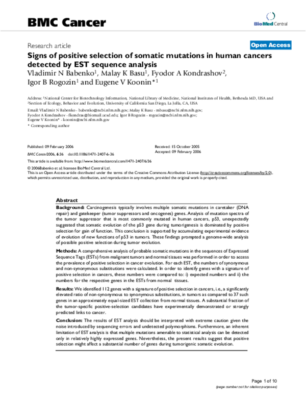 (PDF) Signs of positive selection of somatic mutations in human cancers ...