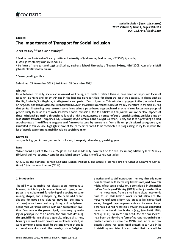 (PDF) The Importance of Transport for Social Inclusion