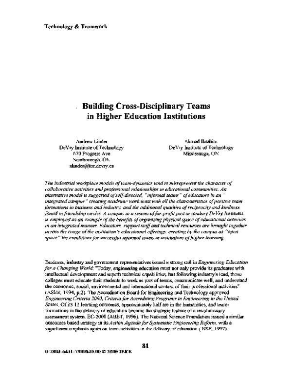 (PDF) Building cross-disciplinary teams in higher education institutions