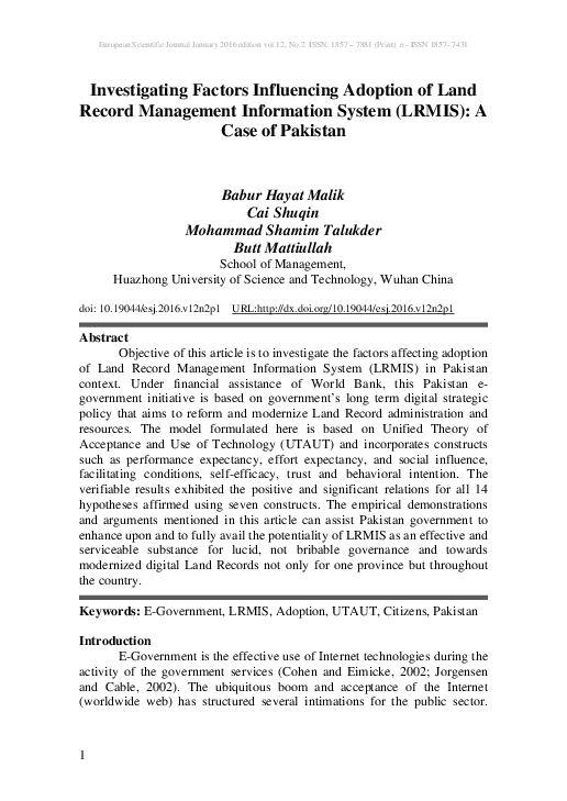 (PDF) Investigating Factors Influencing Adoption of Land Record ...