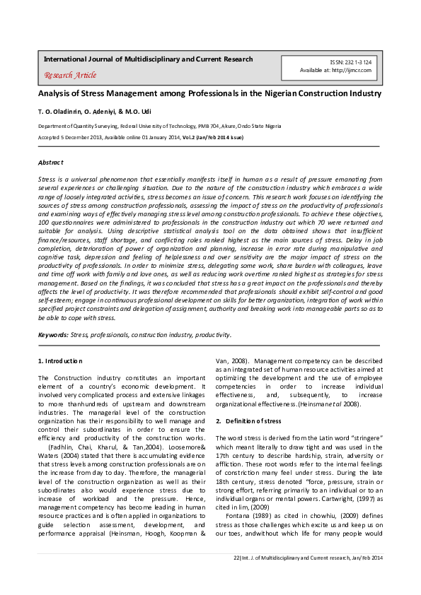 (PDF) Analysis of Stress Management among Professionals in the Nigerian ...