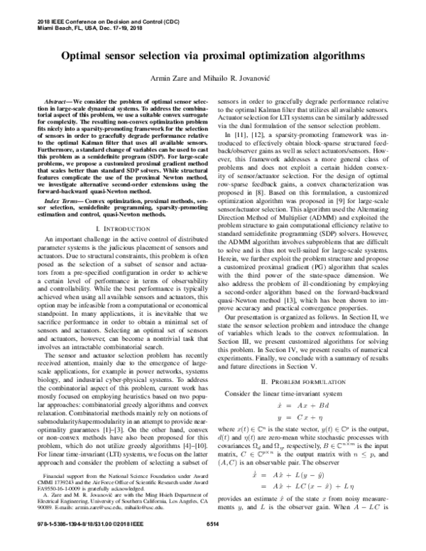 (PDF) Optimal Sensor Selection via Proximal Optimization Algorithms