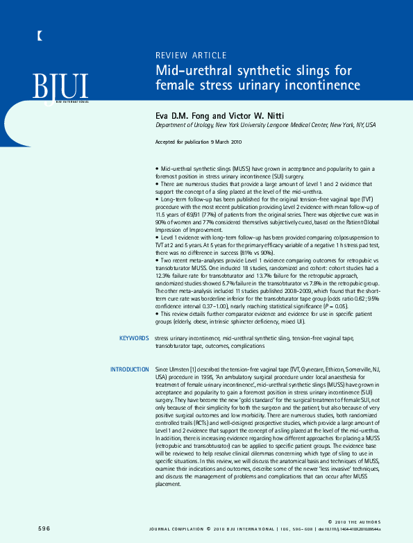 (PDF) REVIEW ARTICLE: Mid-urethral synthetic slings for female stress ...