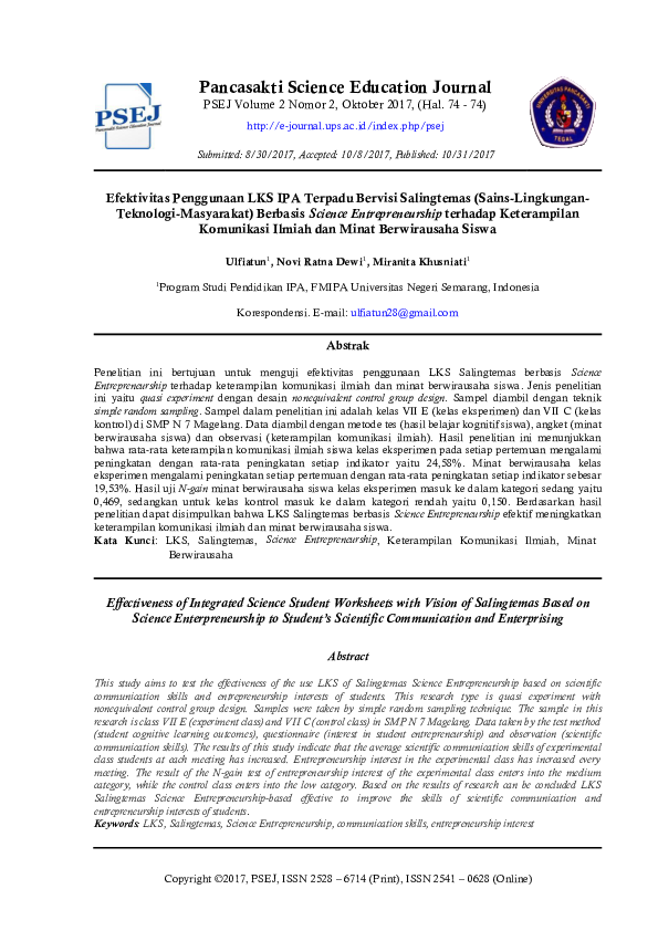 (PDF) Efektivitas Penggunaan LKS IPA Terpadu Bervisi Salingtemas (Sains