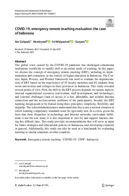(PDF) COVID-19, emergency remote teaching evaluation: the case of Indonesia