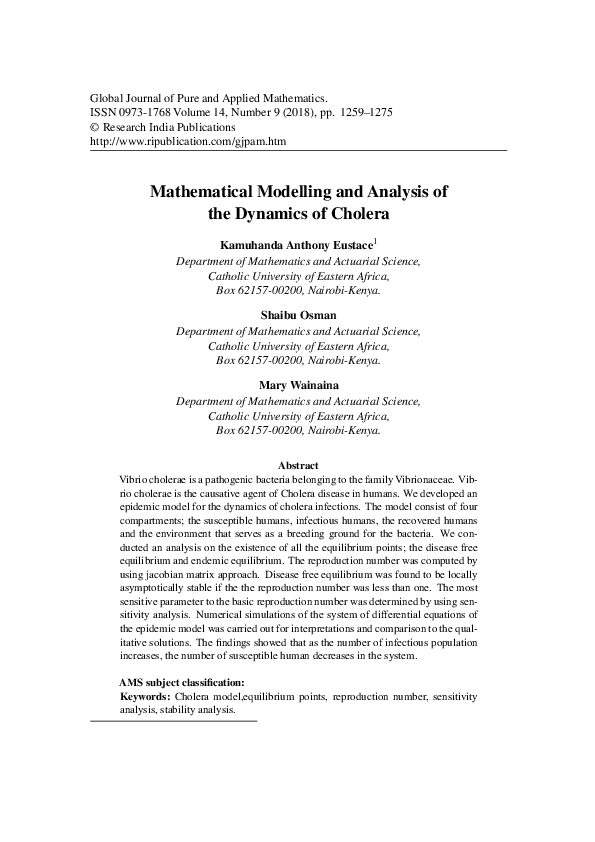 (PDF) Mathematical Modelling and Analysis of the Dynamics of Cholera