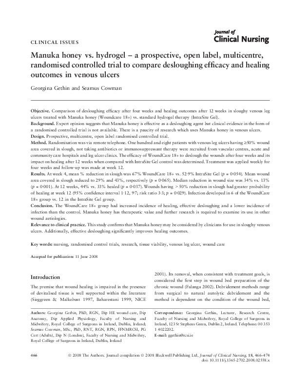 (PDF) Manuka honey vs. hydrogel a prospective, open label