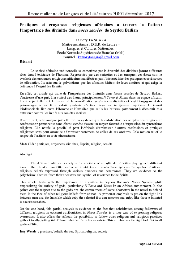 (PDF) Pratiques et croyances religieuses africaines a travers la ...
