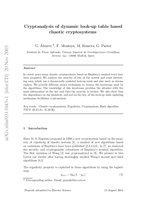 (PDF) Cryptanalysis of dynamic look-up table based chaotic cryptosystems