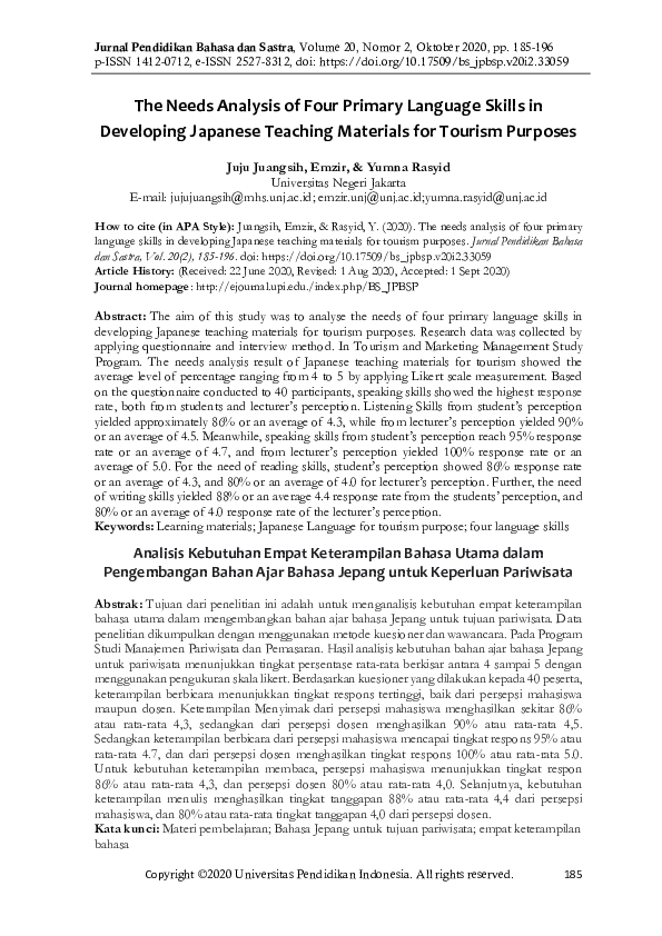 (PDF) The Needs Analysis of Four Primary Language Skills in Developing ...