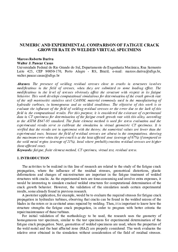 (PDF) Numeric and Experimental Comparison of Fatigue Crack Growth Rate ...