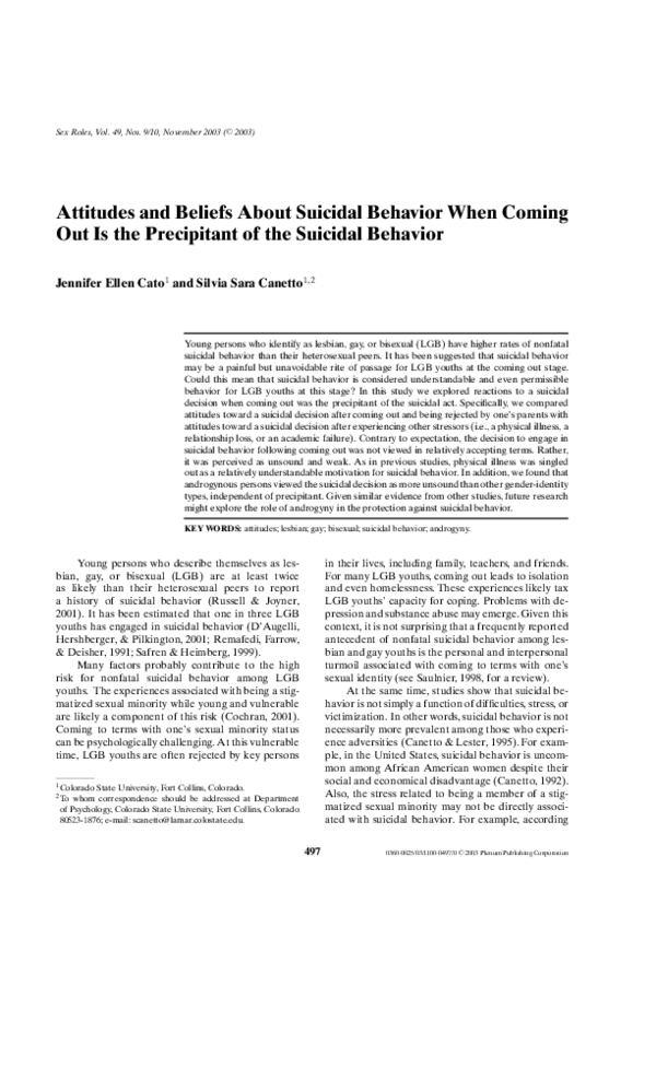 (PDF) Attitudes and Beliefs About Suicidal Behavior When Coming Out Is ...