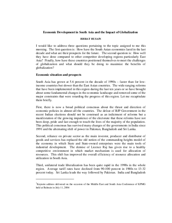 (PDF) Economic Development in South Asia and the Impact of Globalization 1