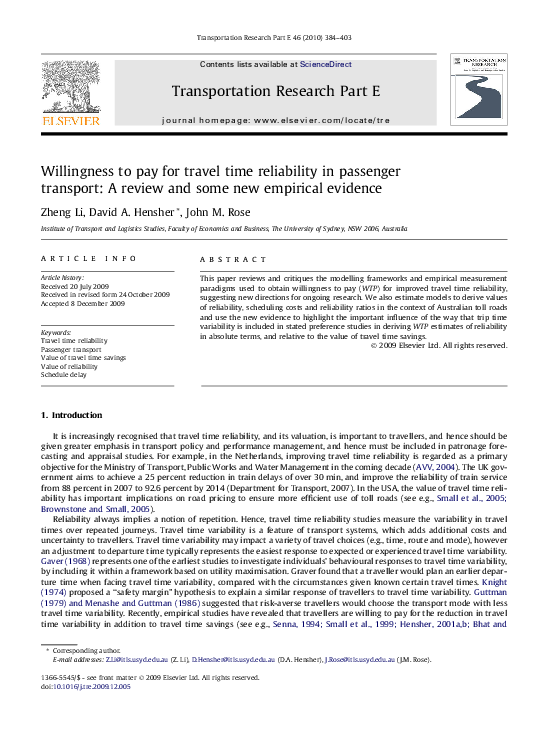 (PDF) Willingness to pay for travel time reliability in passenger ...