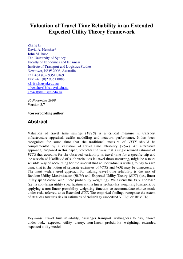 (PDF) Valuation of travel time reliability in an extended expected ...